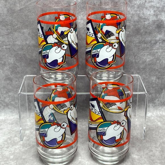 1995 Coca-Cola Polar Bear Glasses Set Of 4 Vintage Winter Sports 14 Oz - Picture 7 of 9